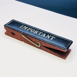 Vintage Oversized Wood and Leather Clothespin IMPORTANT Memo Paperclip: Denmark
